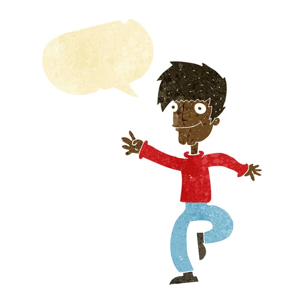 Γελοιογραφία ευτυχισμένος άνθρωπος Χορεύοντας με το συννεφάκι λόγου — Διανυσματικό Αρχείο