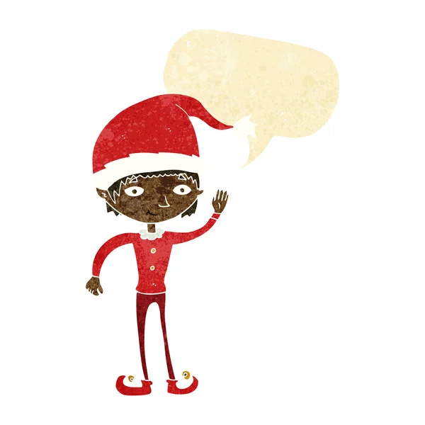 Cartoon waving christmas elf with speech bubble — Stock Vector