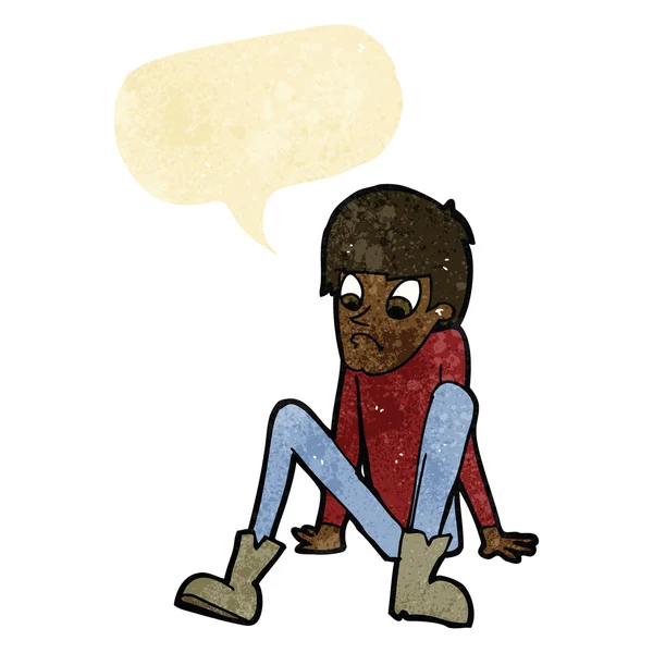 Desenho animado menino sentado no chão com bolha de fala — Vetor de Stock