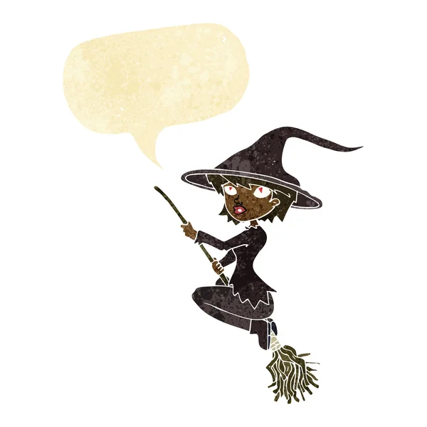 Cartoon witch riding broomstick with speech bubble — Stock Vector