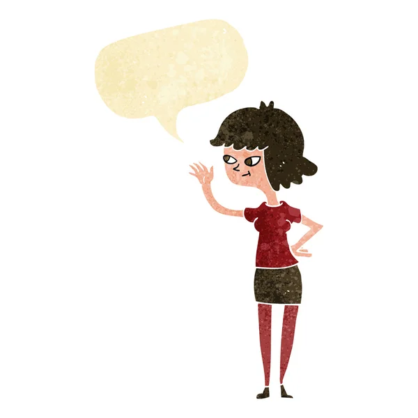 Cartoon friendly girl waving with speech bubble — Stock Vector