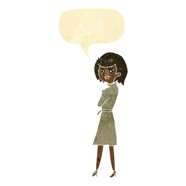 Γελοιογραφία γυναίκα σε καμπαρντίνα με φούσκα ομιλία — Διανυσματικό Αρχείο