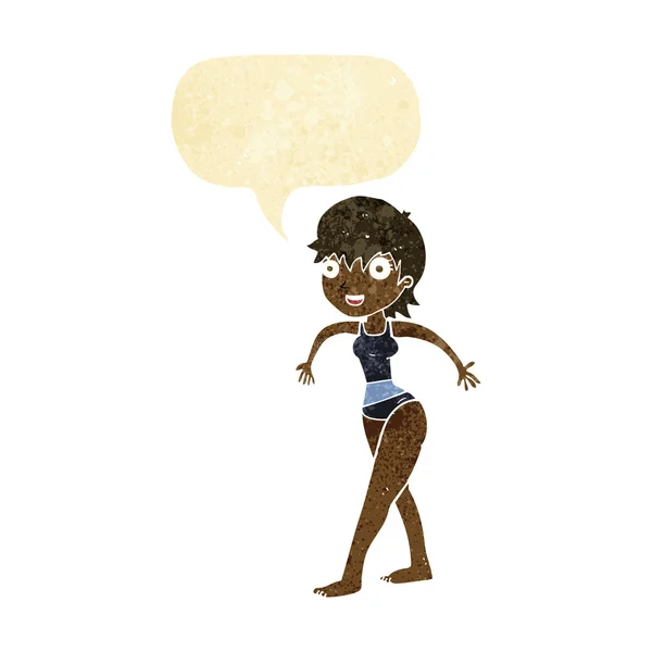 Cartone animato donna felice in costume da bagno con bolla discorso — Vettoriale Stock