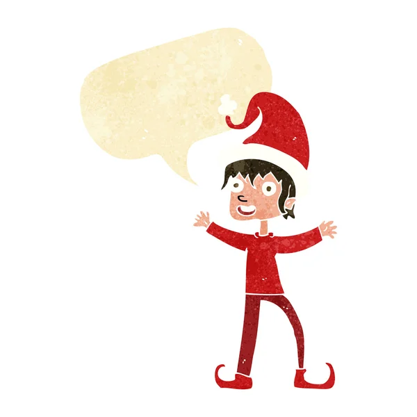 Dibujos animados emocionados elfo de Navidad con burbuja de habla — Vector de stock