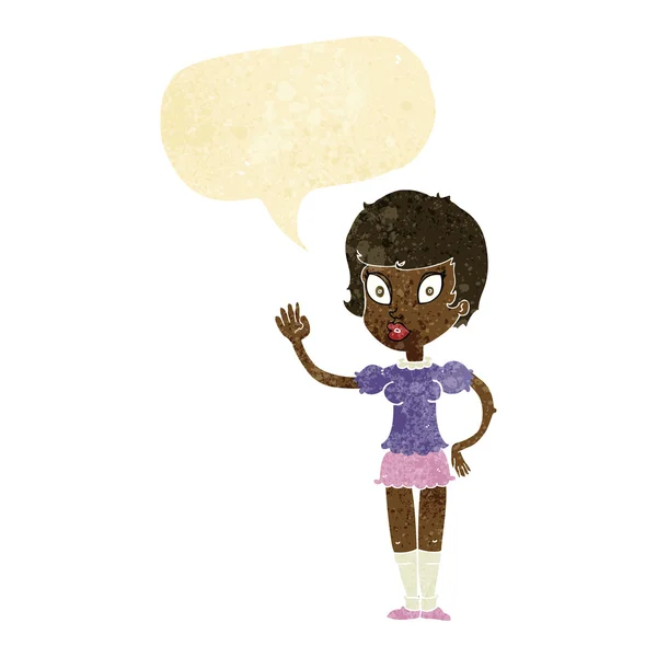 Καρτούν όμορφο κορίτσι χαιρετώντας με φούσκα ομιλία — Διανυσματικό Αρχείο