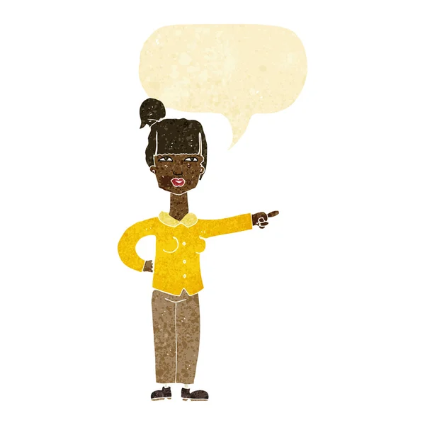 Donna dei cartoni animati che punta con bolla discorso — Vettoriale Stock