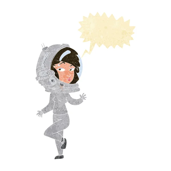 Cartoon woman wearing space helmet with speech bubble — Stock Vector