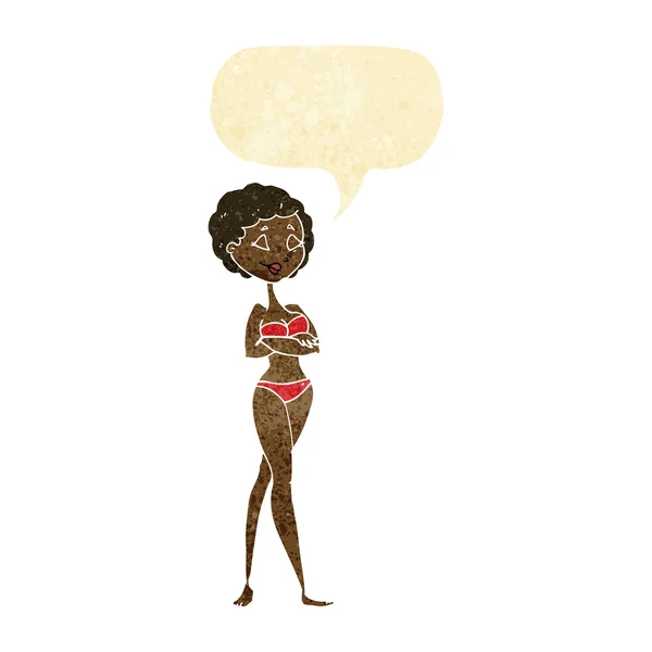 Cartoon retro woman in bikini with speech bubble — Stock Vector