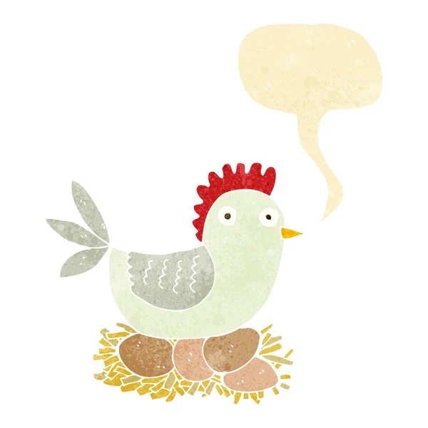 Κότα κινουμένων σχεδίων στα αυγά με φούσκα ομιλία — Διανυσματικό Αρχείο