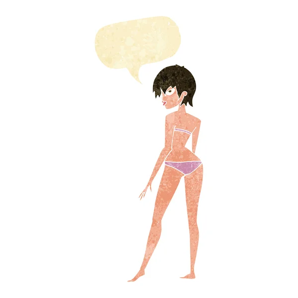 Tecknade kvinnan i bikini med pratbubblan — Stock vektor