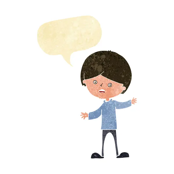 Cartoon unhappy boy with speech bubble — Stock Vector