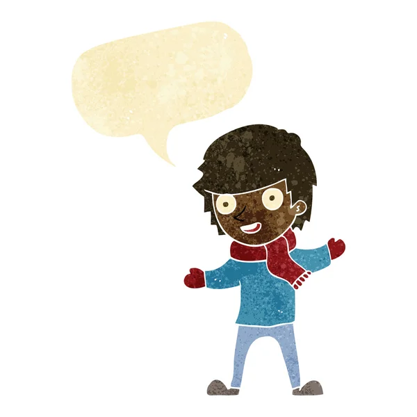 Cartoon boy in winter clothes with speech bubble — Stock Vector