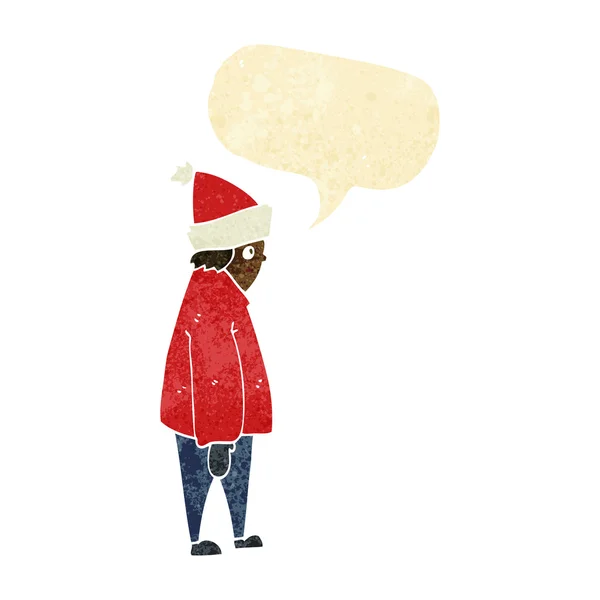 Kreslený člověk v zimním oblečení s hlasovou bublinou — Stockový vektor