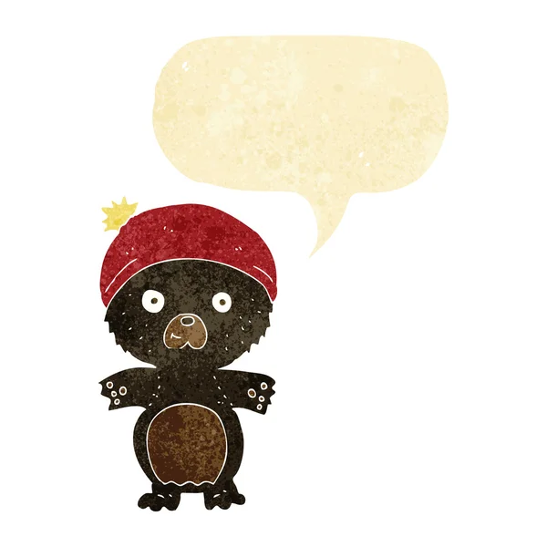 Dibujos animados lindo oso negro en sombrero con burbuja de habla — Vector de stock