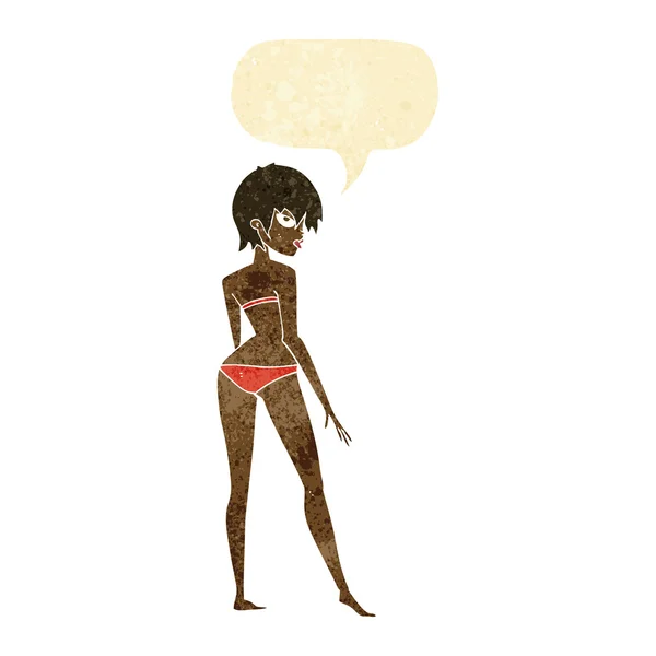 Cartoon woman in bikini with speech bubble — Stock Vector