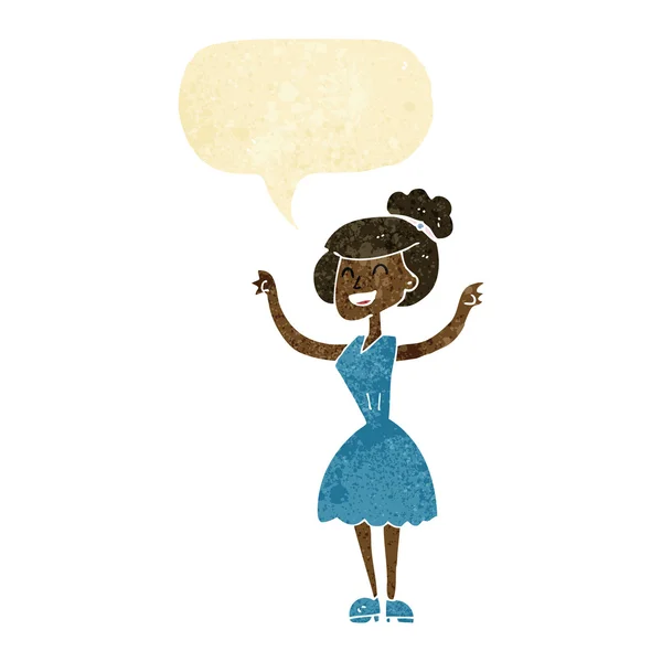 Γελοιογραφία γυναίκα με υψωμένα χέρια με το συννεφάκι λόγου — Διανυσματικό Αρχείο