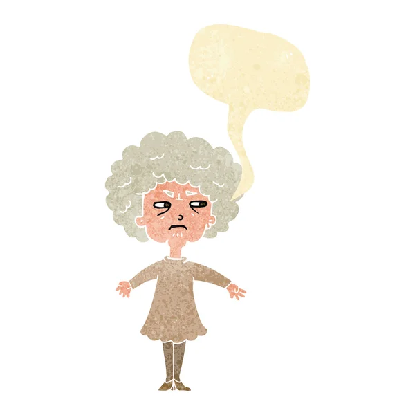 Karikatur verbitterte alte Frau mit Sprechblase — Stockvektor