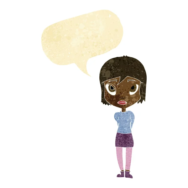 Cartoon verlegen meisje met spraak zeepbel — Stockvector