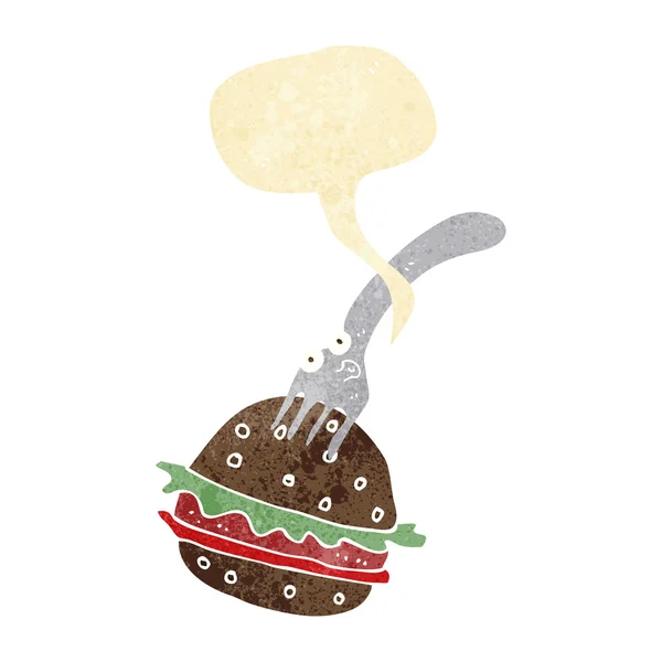 Cartoon fork and burger with speech bubble — Stock Vector