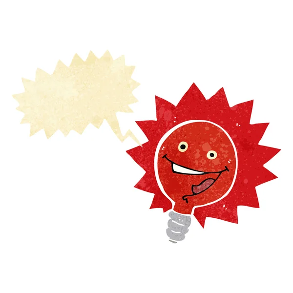Glücklich blinkende rote Glühbirne Karikatur mit Sprechblase — Stockvektor