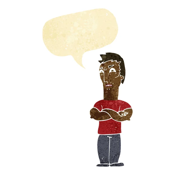 Καρτούν ενοχλημένος άνθρωπος με διπλωμένα χέρια με φούσκα ομιλία — Διανυσματικό Αρχείο
