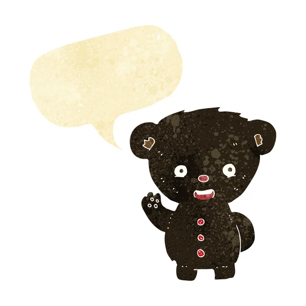 Desenho animado acenando filhote de urso preto com bolha de fala —  Vetores de Stock