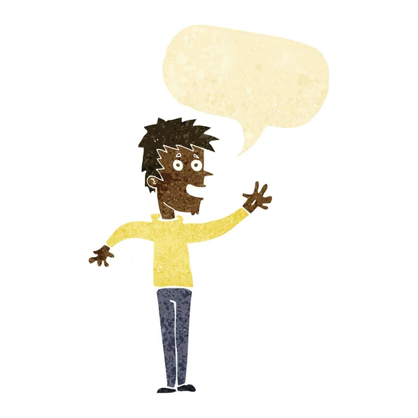 Cartoon gelukkig jongen zwaaien met spraak zeepbel — Stockvector
