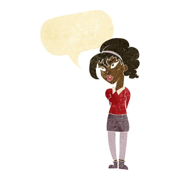 Καρτούν όμορφο κορίτσι γέρνει το κεφάλι με φούσκα ομιλία — Διανυσματικό Αρχείο