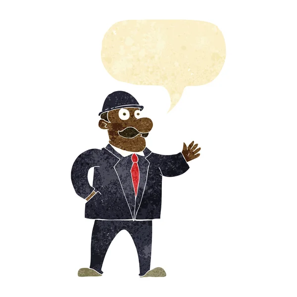 Cartoon vernünftiger Geschäftsmann mit Melone und Sprechblase — Stockvektor