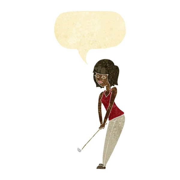 Femme dessin animé jouant au golf avec bulle de parole — Image vectorielle