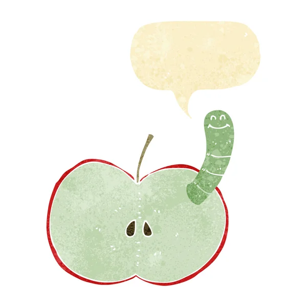 Pomme de dessin animé avec ver avec bulle de parole — Image vectorielle