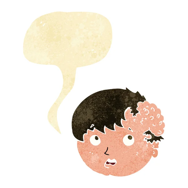 Cartoon boy with ugly growth on head with speech bubble — Stock Vector