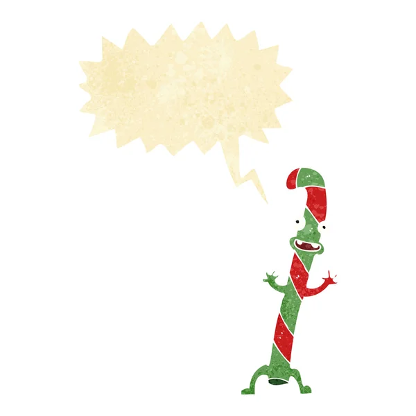 Caña de caramelo de Navidad de baile de dibujos animados con burbuja de habla — Vector de stock