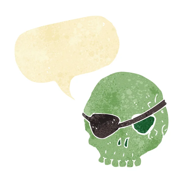 Calavera de dibujos animados con parche para los ojos con burbuja del habla — Vector de stock