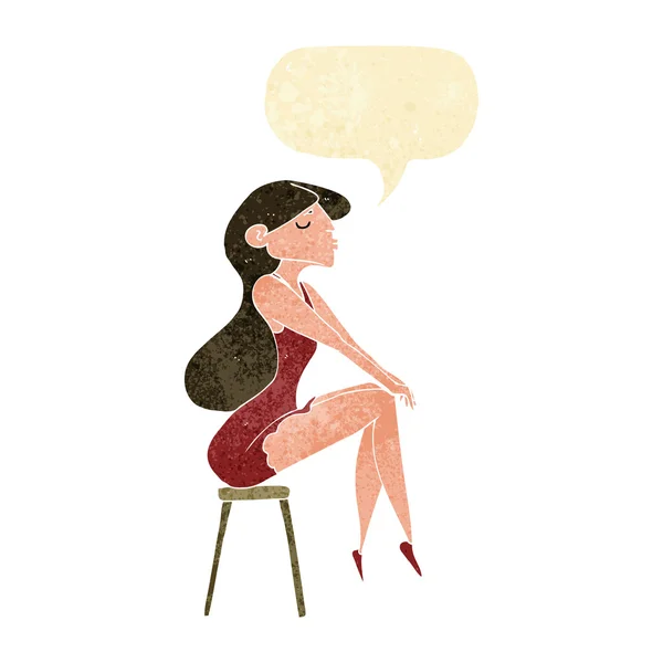 Cartoon woman sitting on stool with speech bubble — Stock Vector