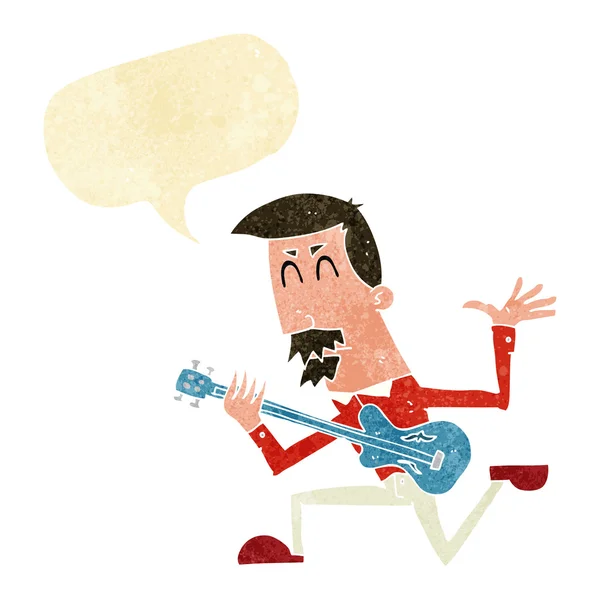 Cartoon man playing electric guitar with speech bubble — Stock Vector