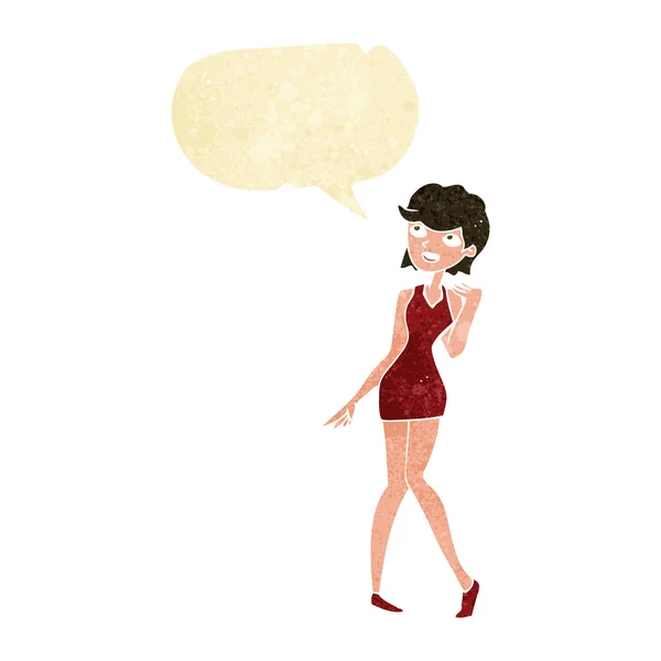 Kokteyl elbisesi ile konuşma balonu kadında çizgi film — Stok Vektör