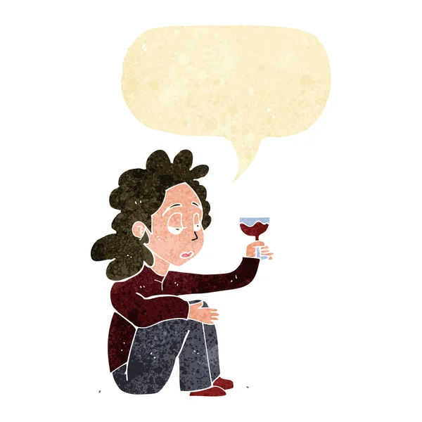 Dibujos animados mujer infeliz con copa de vino con burbuja del habla — Archivo Imágenes Vectoriales