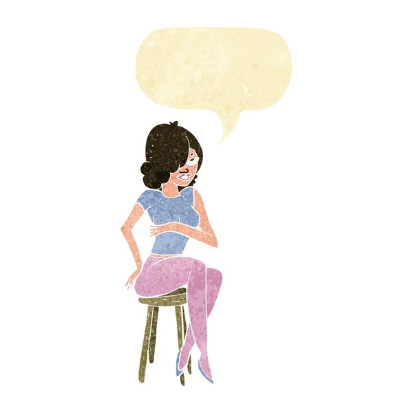 Cartoon woman sitting on bar stool with speech bubble — Stock Vector