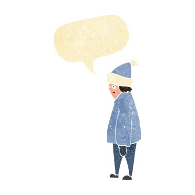 Kış kıyafetleri içinde konuşma balonu olan bir çizgi film karakteri.