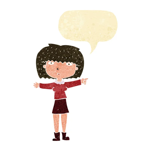 Cartoon girl pointing with speech bubble — Stock Vector