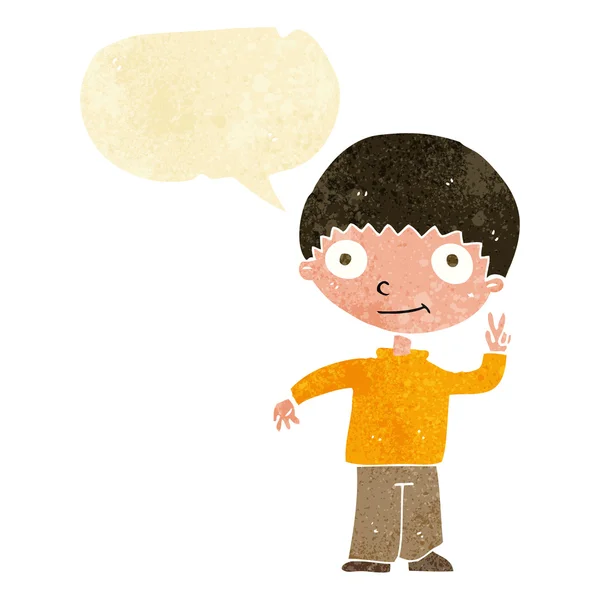 Dessin animé garçon donnant signe de paix avec bulle de parole — Image vectorielle