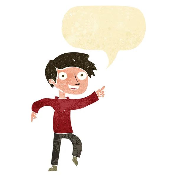 Мультфильм счастливый мальчик указывая с пузырьком речи — стоковый вектор