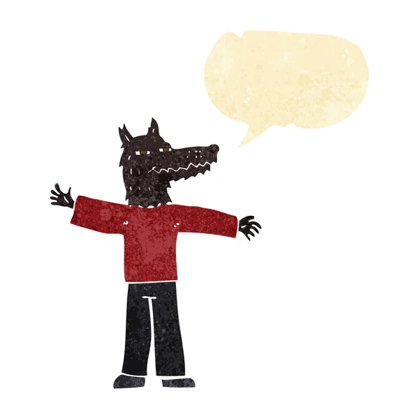 Cartoon happy wolf man with speech bubble — Stock Vector
