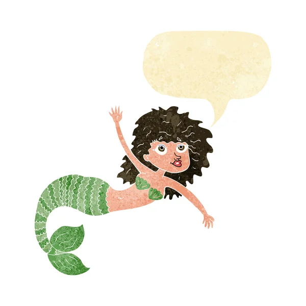 Cartoon mooie zeemeermin zwaaien met spraak zeepbel — Stockvector