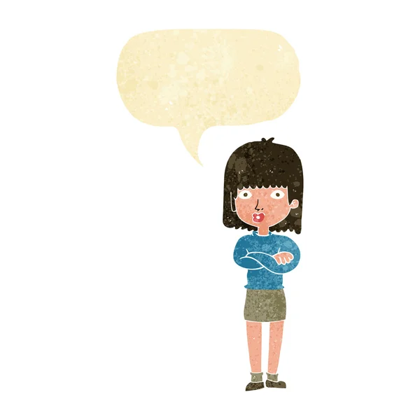 Cartoon impatient woman with speech bubble — Stock Vector