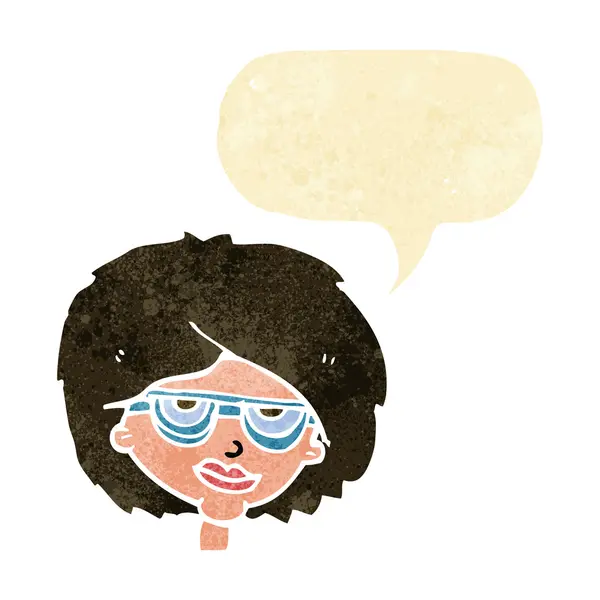 Cartoon vrouw draagt bril met tekstballon — Stockvector