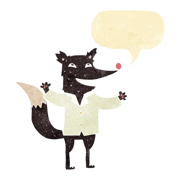 Cartone animato lupo felice indossando camicia con bolla discorso — Vettoriale Stock
