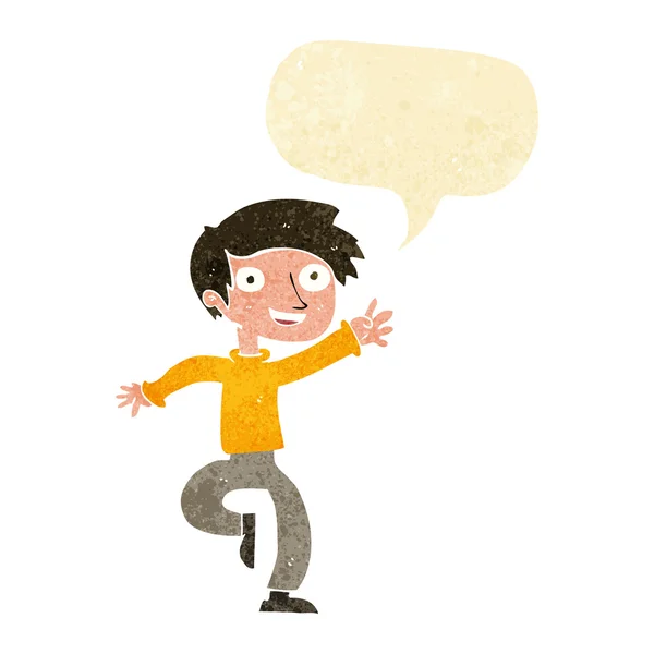 Cartoon excited boy dancing with speech bubble — Stock Vector