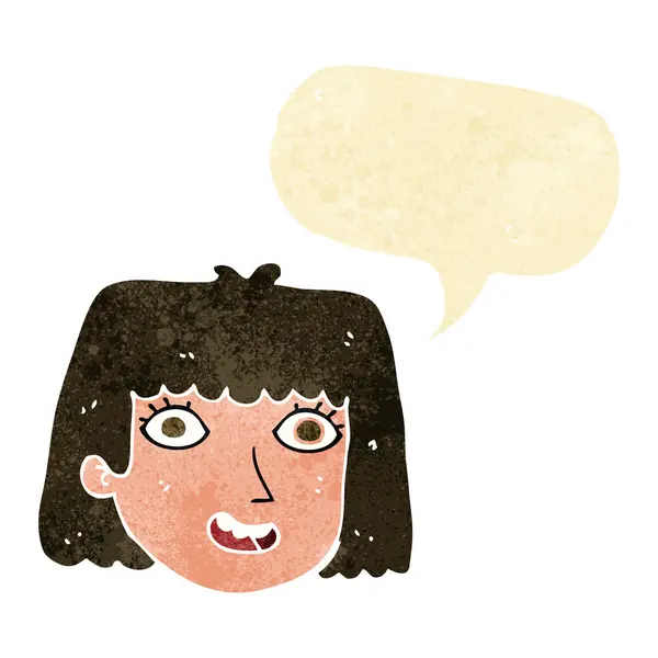 Desenho animado rosto feminino feliz com bolha de fala — Vetor de Stock